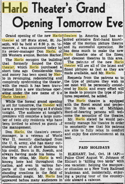 Harlo Theater - 20 OCT 1944 GRAND OPENING ARTICLE